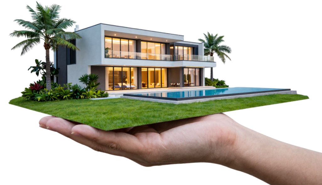 A hand holding a model house, representing home investment